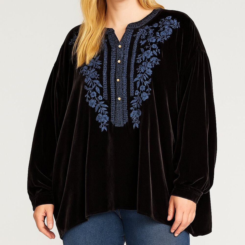 Johnny Was Blue Velvet Embroidered Boho Button Front Top Tunic Blouse Relaxed M